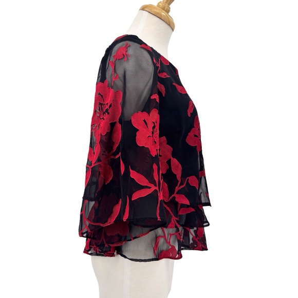 Alex Evenings Black & Red Floral Layered Asymmetrical Hem Blouse, Small - Picture 9 of 17
